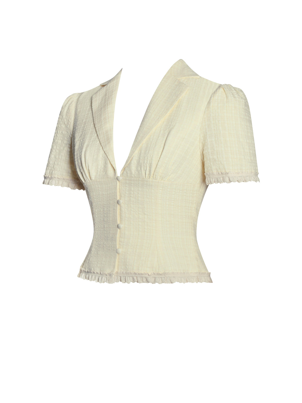 Odelia Yellow Lace Trim Seersucker Button Up Top - HOUSE OF SHE