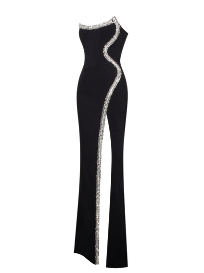 Xoana Black Crystal Embellished High Slit Gown