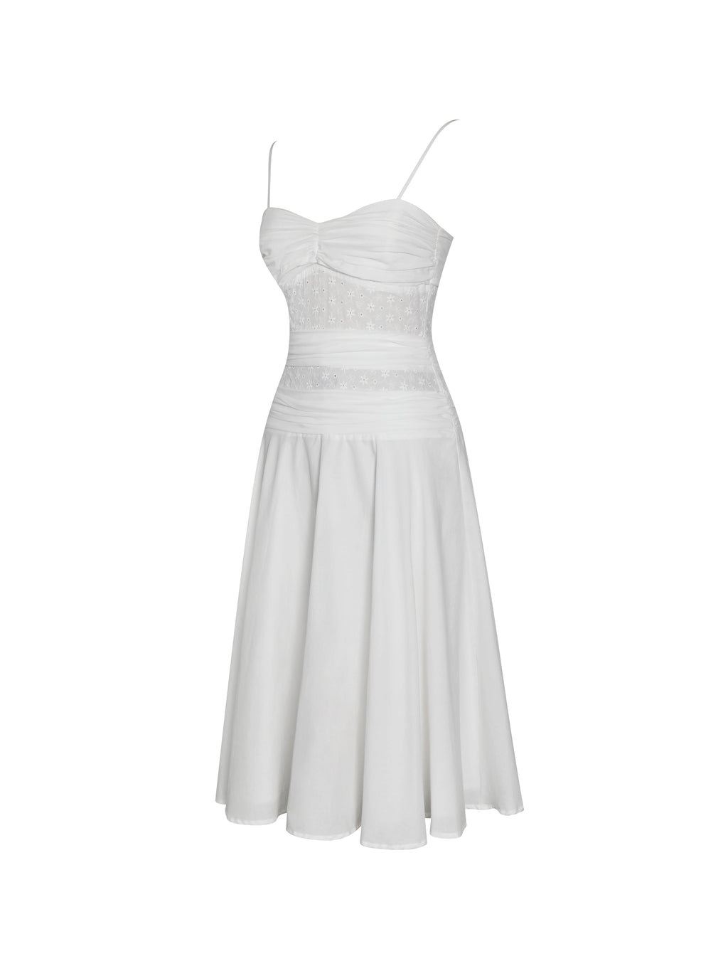 Maelis White Eyelet Drop Waist Cotton Midi Dress - HOUSE OF SHE