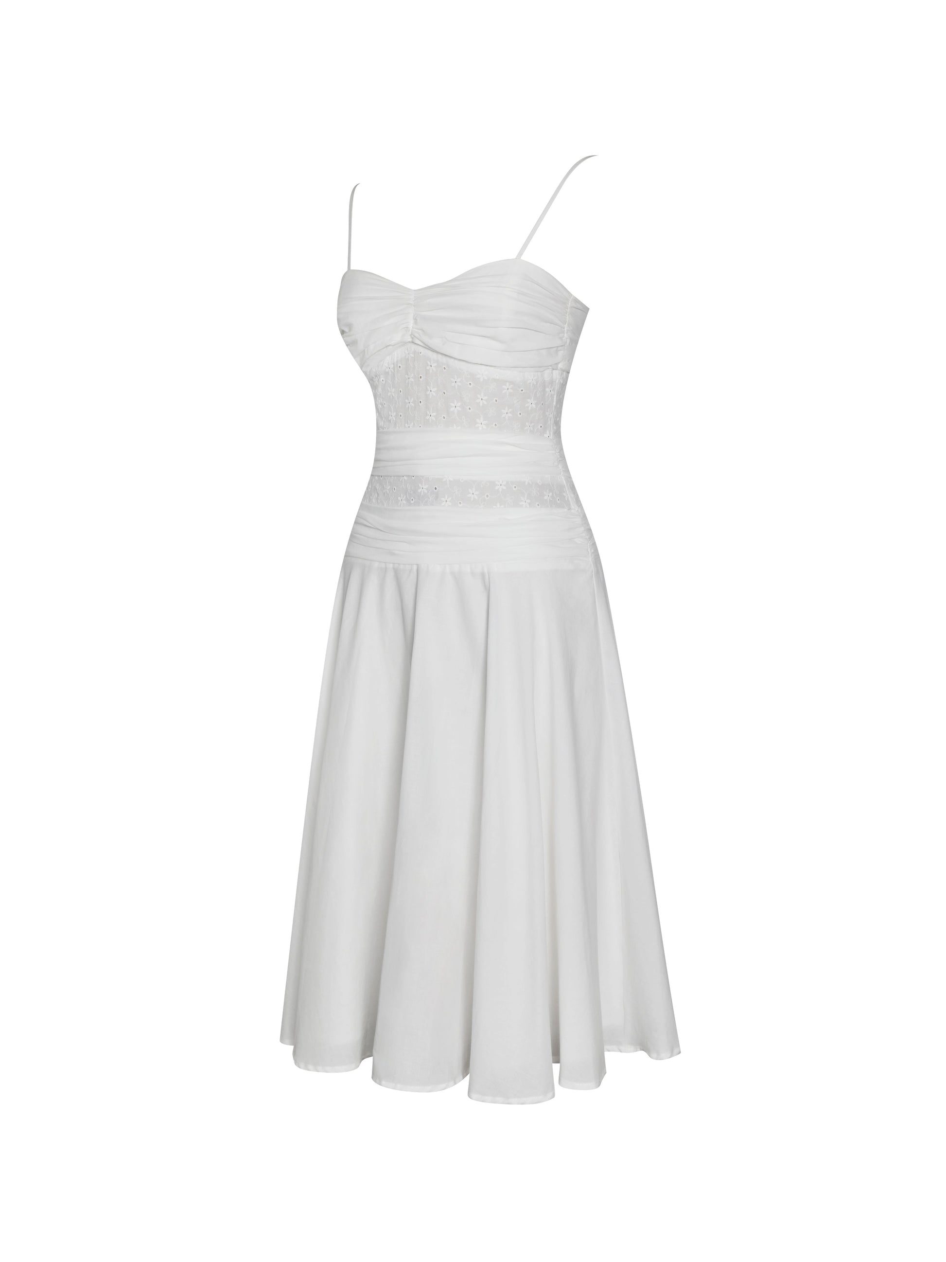 Maelis White Eyelet Drop Waist Cotton Midi Dress - HOUSE OF SHE