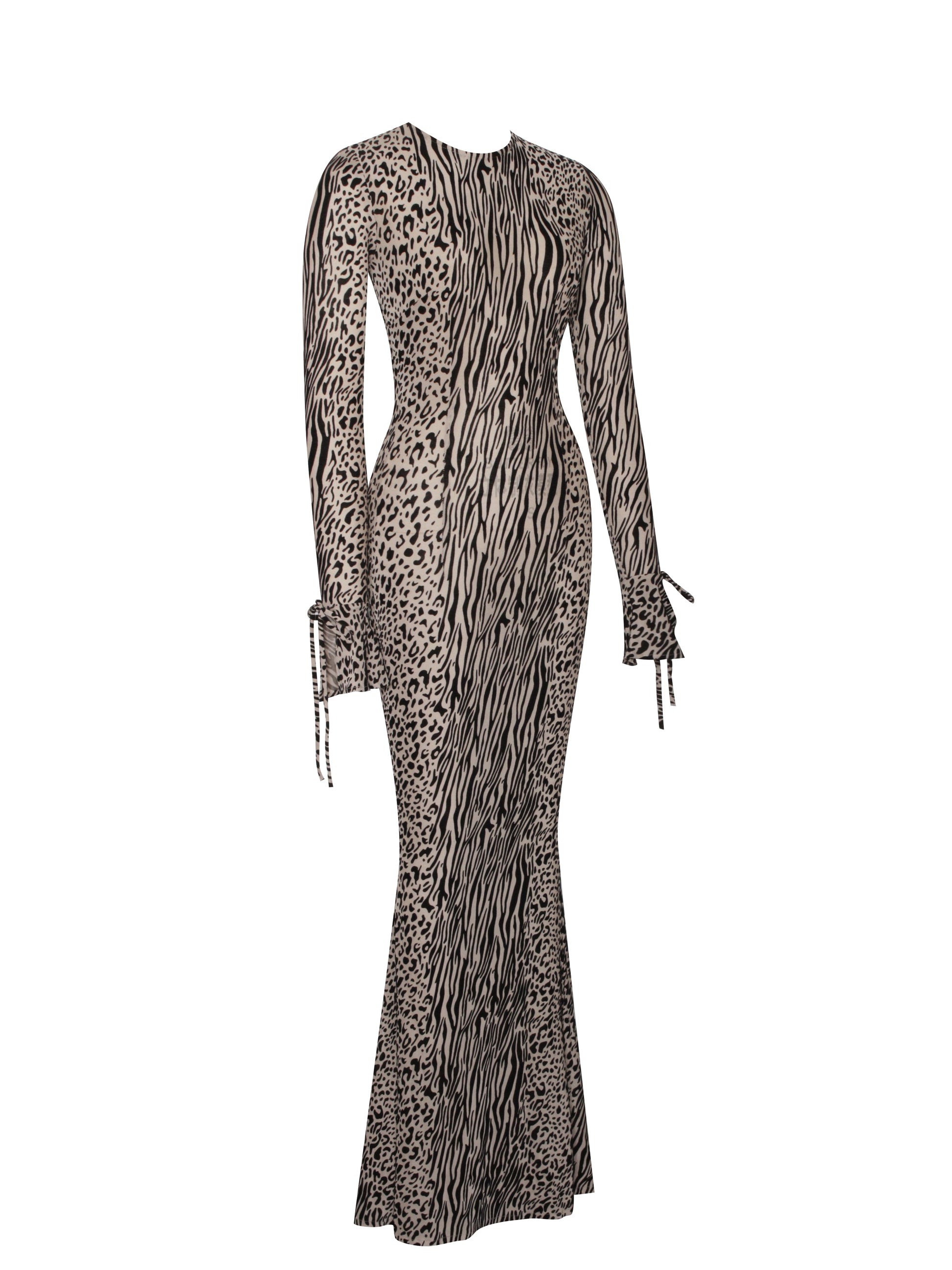 Waylynn Nude Black Animal Print Burnout Velvet Detail Mesh Backless Maxi Dress - HOUSE OF SHE