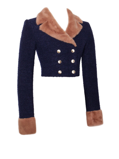 Wava Navy Blue Fur Cropped Boucle Wool Jacket