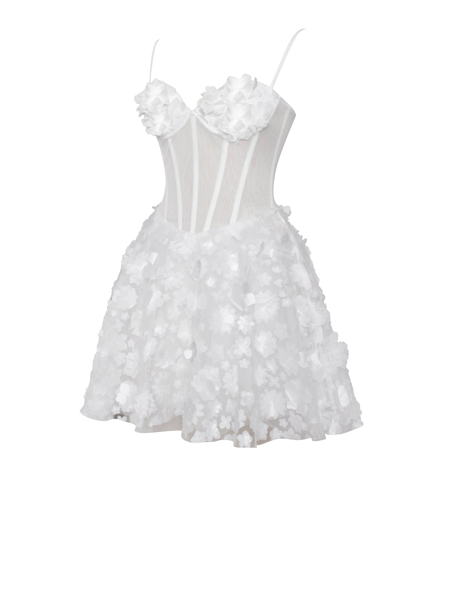 Pamila White Floral Mesh Puffy Mini Dress