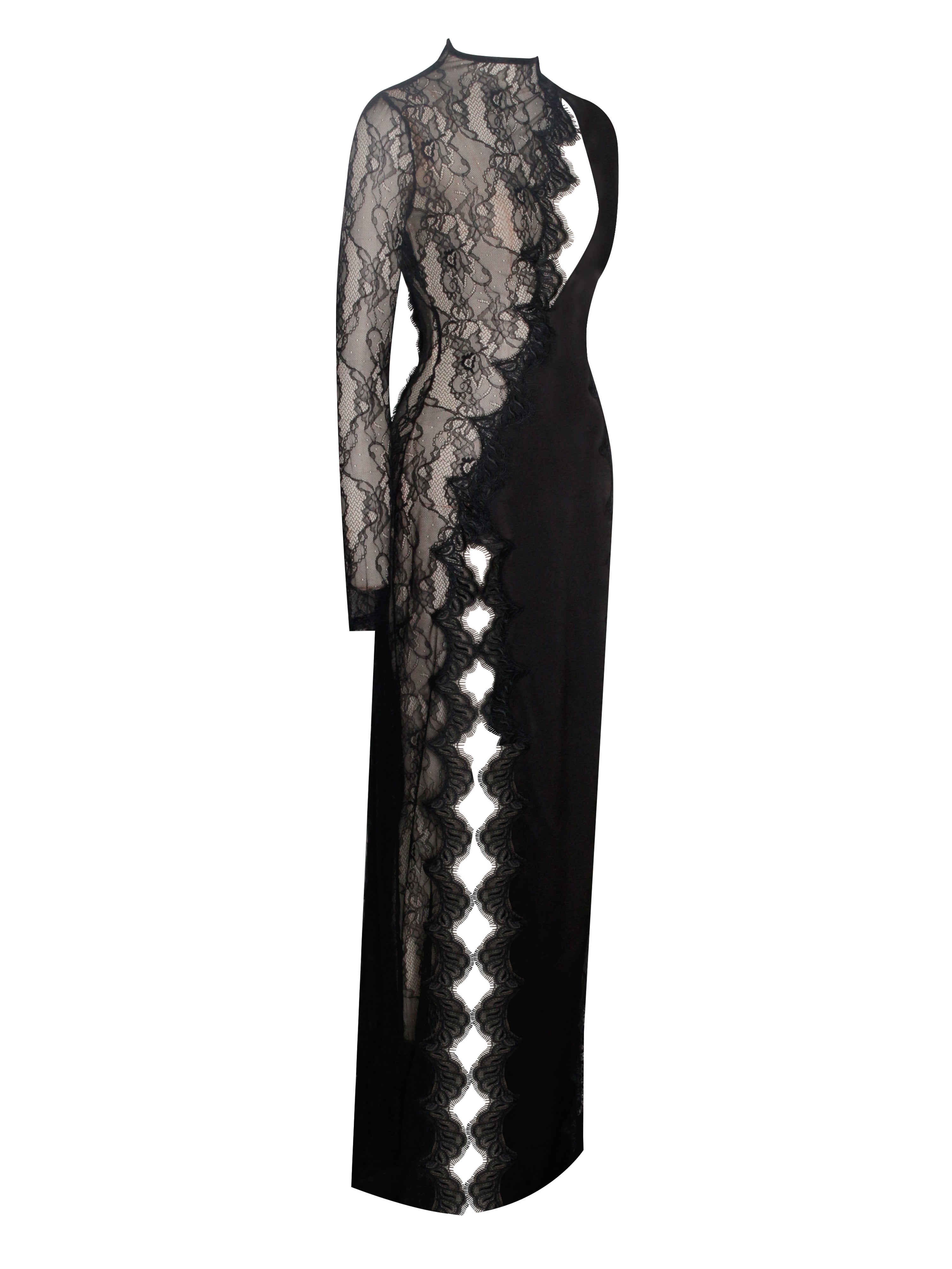 Weslyn Black Satin Lace High Slit Dress – HOUSE OF SHE