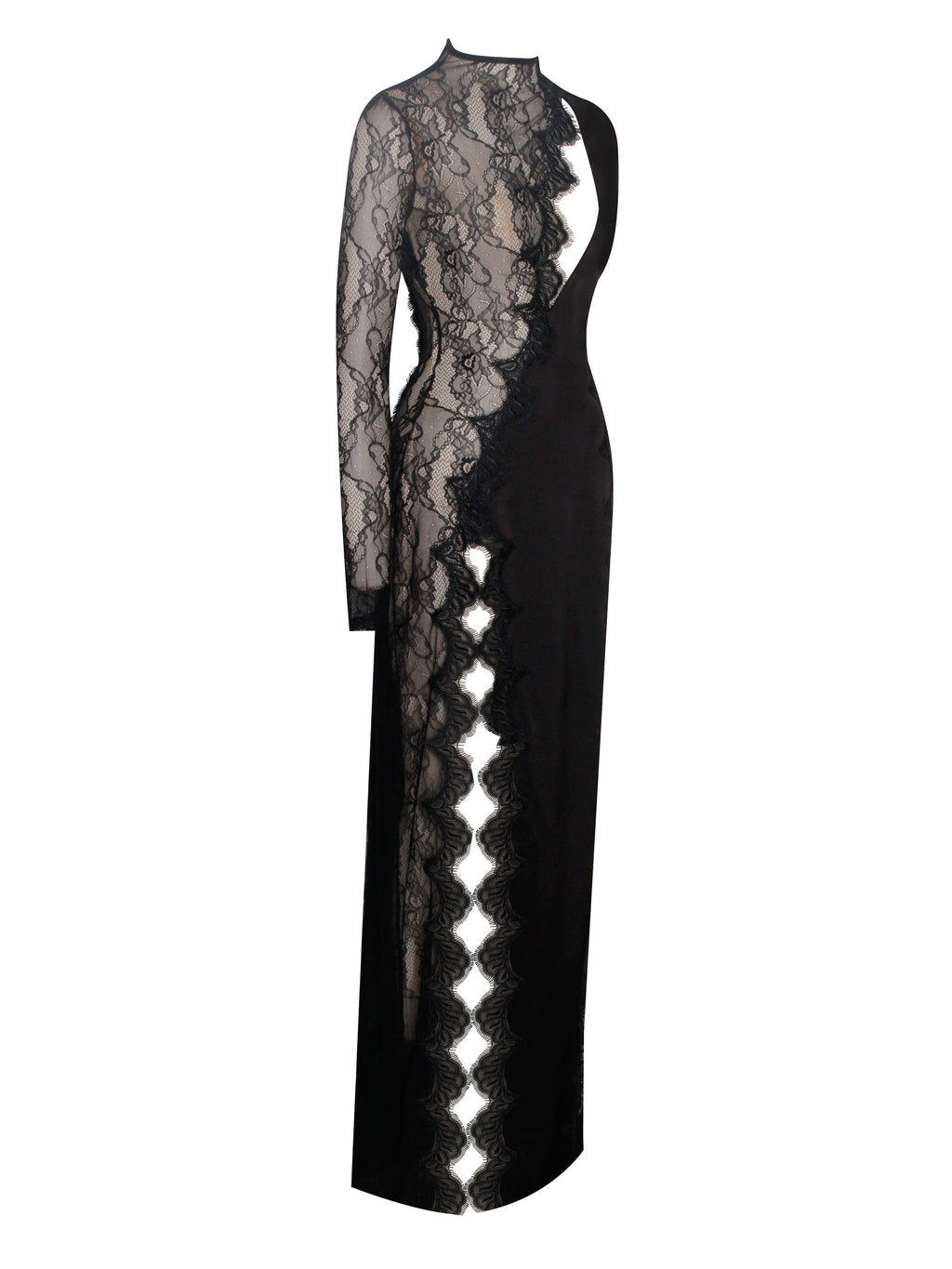 Weslyn Black Satin Lace High Slit Dress  HOUSE OF SHE