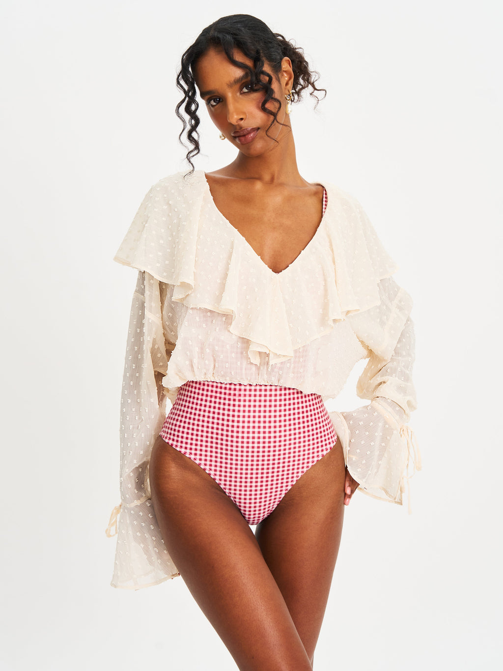 Magali Beige Dotted Mesh Ruffle V Collar Top - HOUSE OF SHE