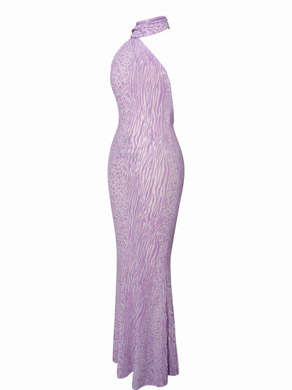 Olena Purple Velvet Animal Print Mesh Halter Maxi Dress