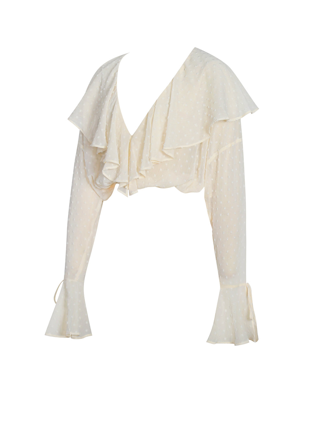 Magali Beige Dotted Mesh Ruffle V Collar Top - HOUSE OF SHE