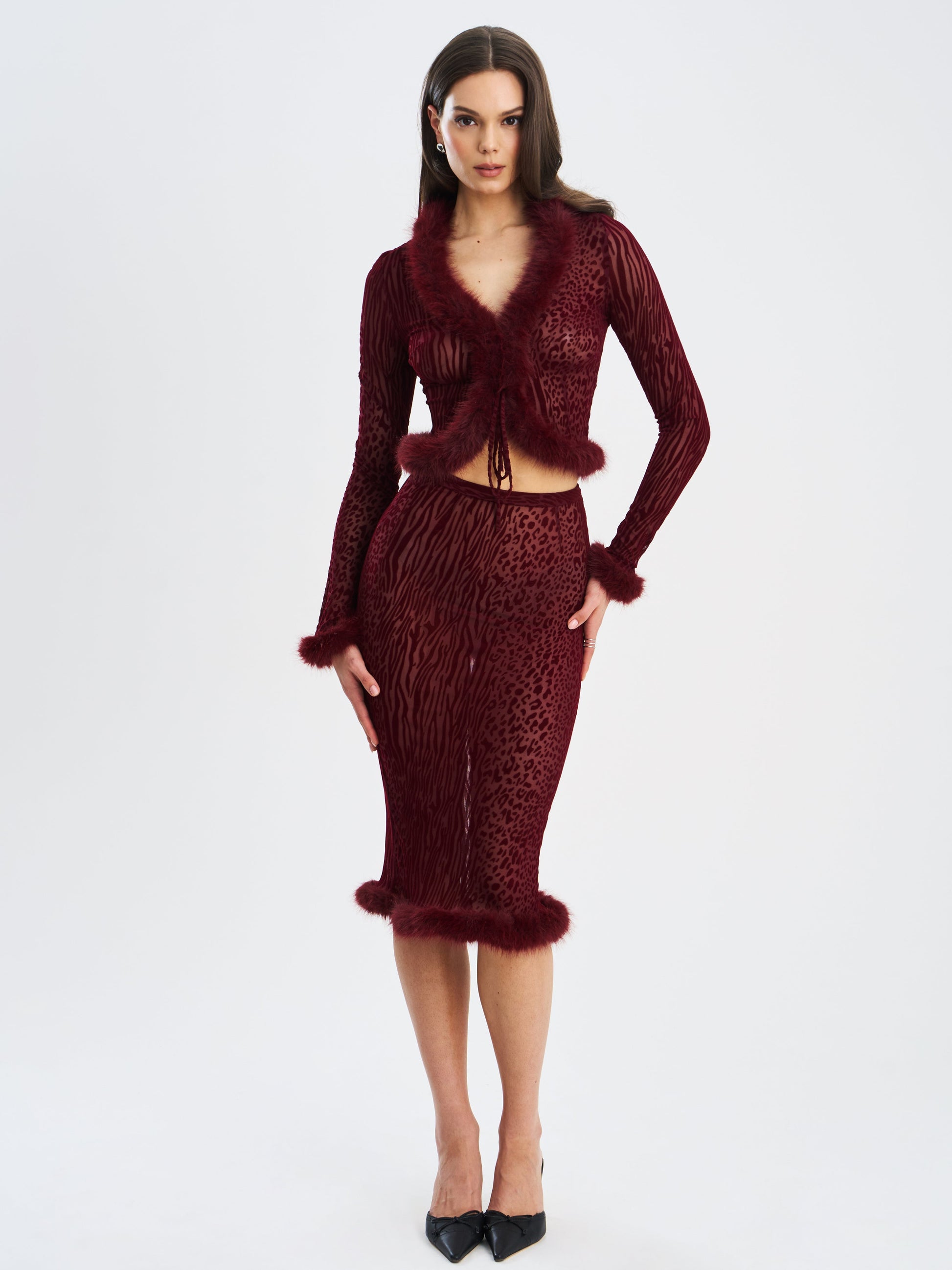 Hali Burgundy Animal Print Burnout Velvet Fur Trim Top - HOUSE OF SHE