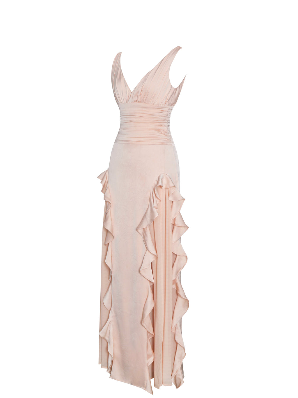 Talyssa Baby Pink Ruched Waist Double High Slit Maxi Gown - HOUSE OF SHE