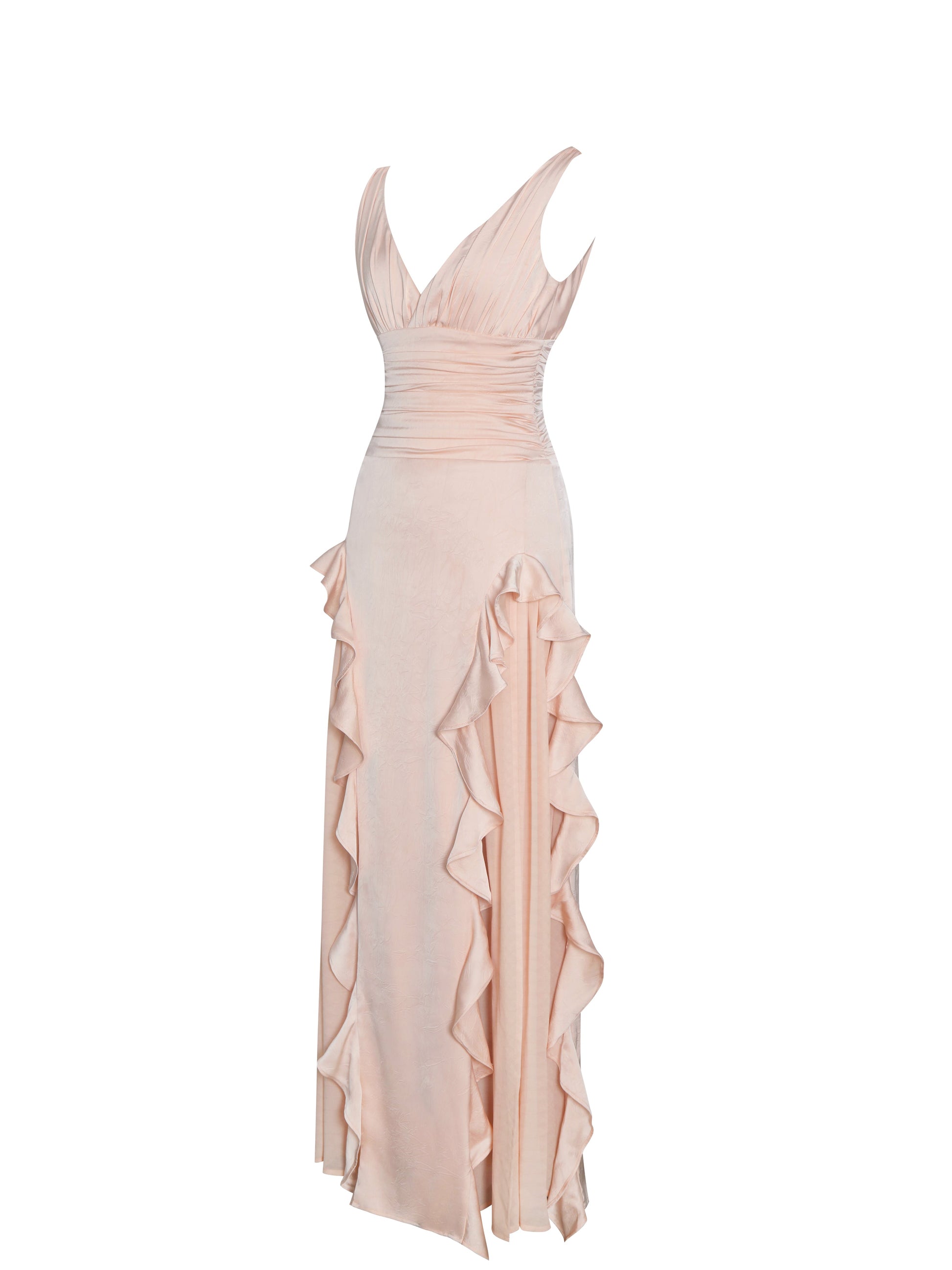 Talyssa Baby Pink Ruched Waist Double High Slit Maxi Gown - HOUSE OF SHE
