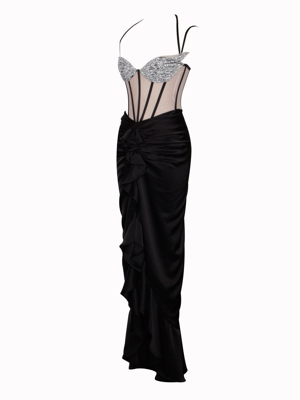 Rafi Black Satin Corset Sequin Wing Maxi Dress - HOUSE OF SHE