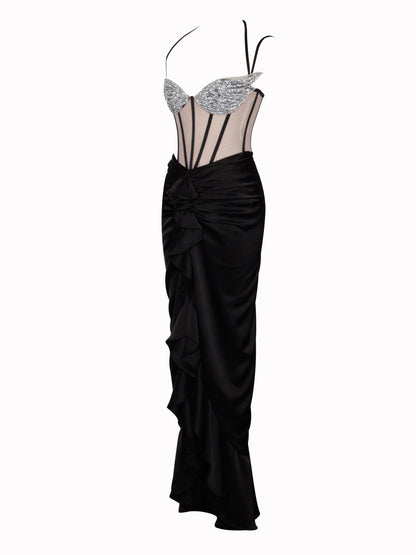 Rafi Black Satin Corset Sequin Wing Maxi Dress