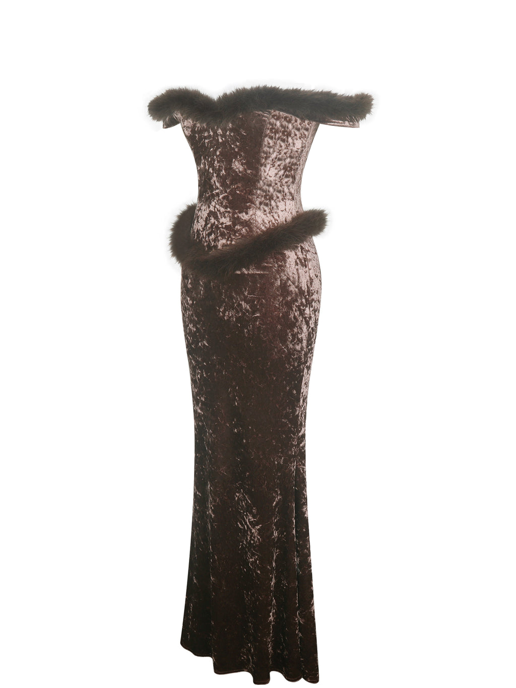 Tessa Coffee Sweetheart Bardot Faux Fur Velvet Mermaid Maxi Dress