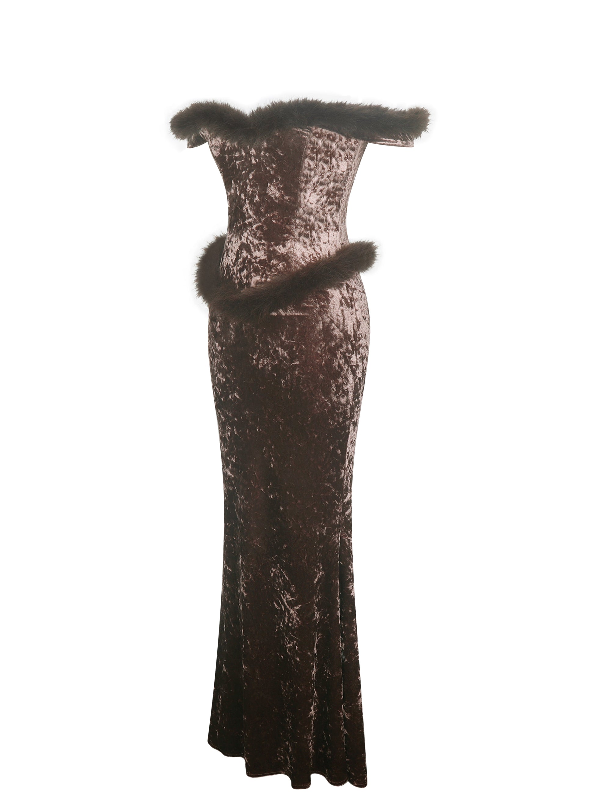 Tessa Coffee Sweetheart Bardot Faux Fur Velvet Mermaid Maxi Dress