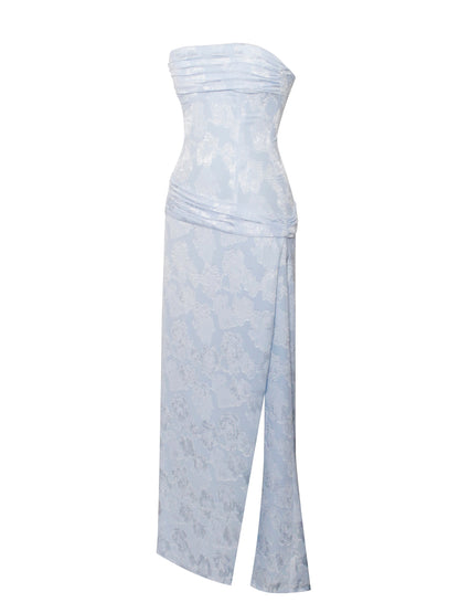 Xatia Baby Blue Jacquard Textured High Slit Maxi Dress