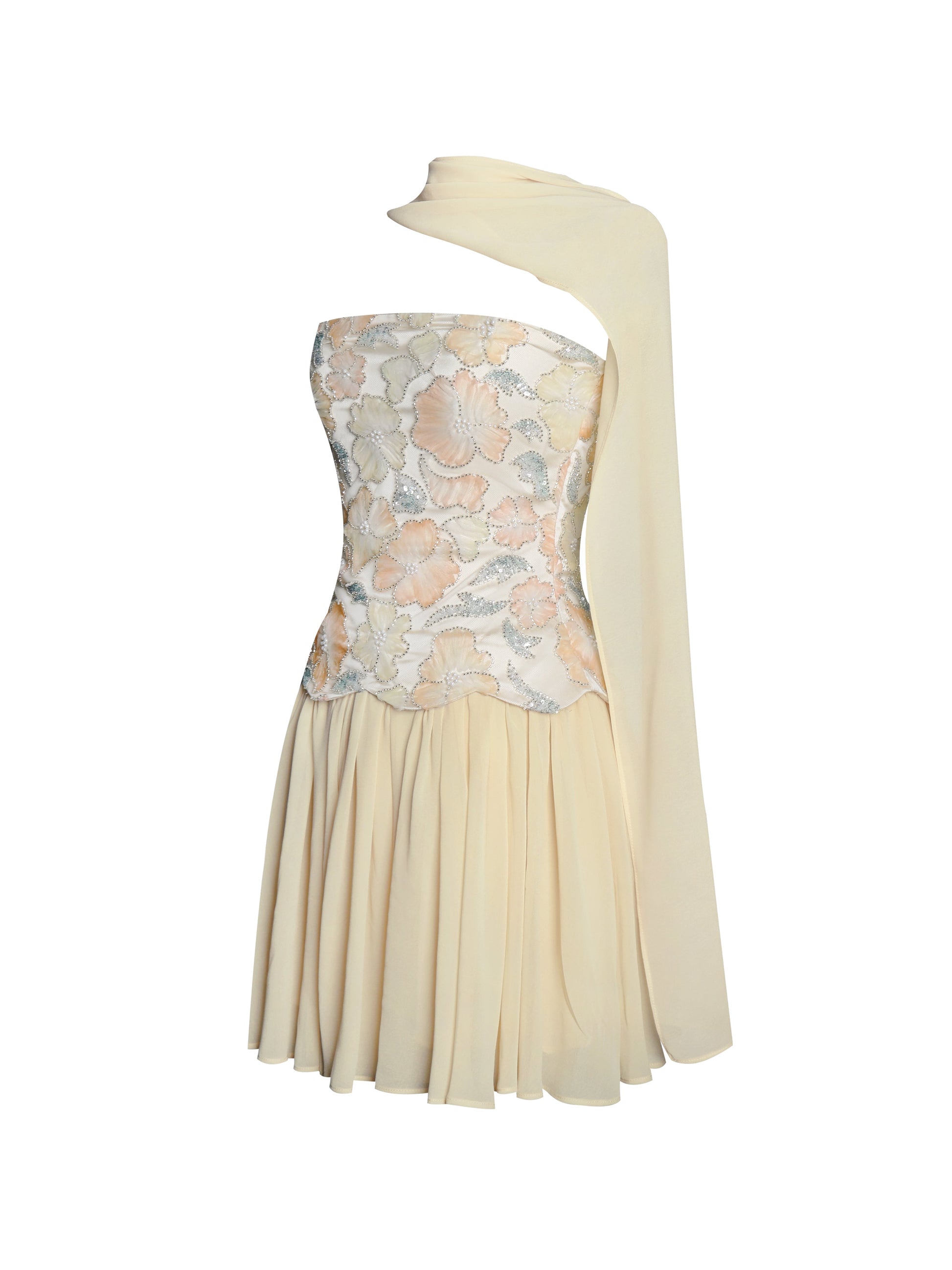 Quanisha Yellow Beaded Floral Mini Chiffon Dress with Scarf - HOUSE OF SHE