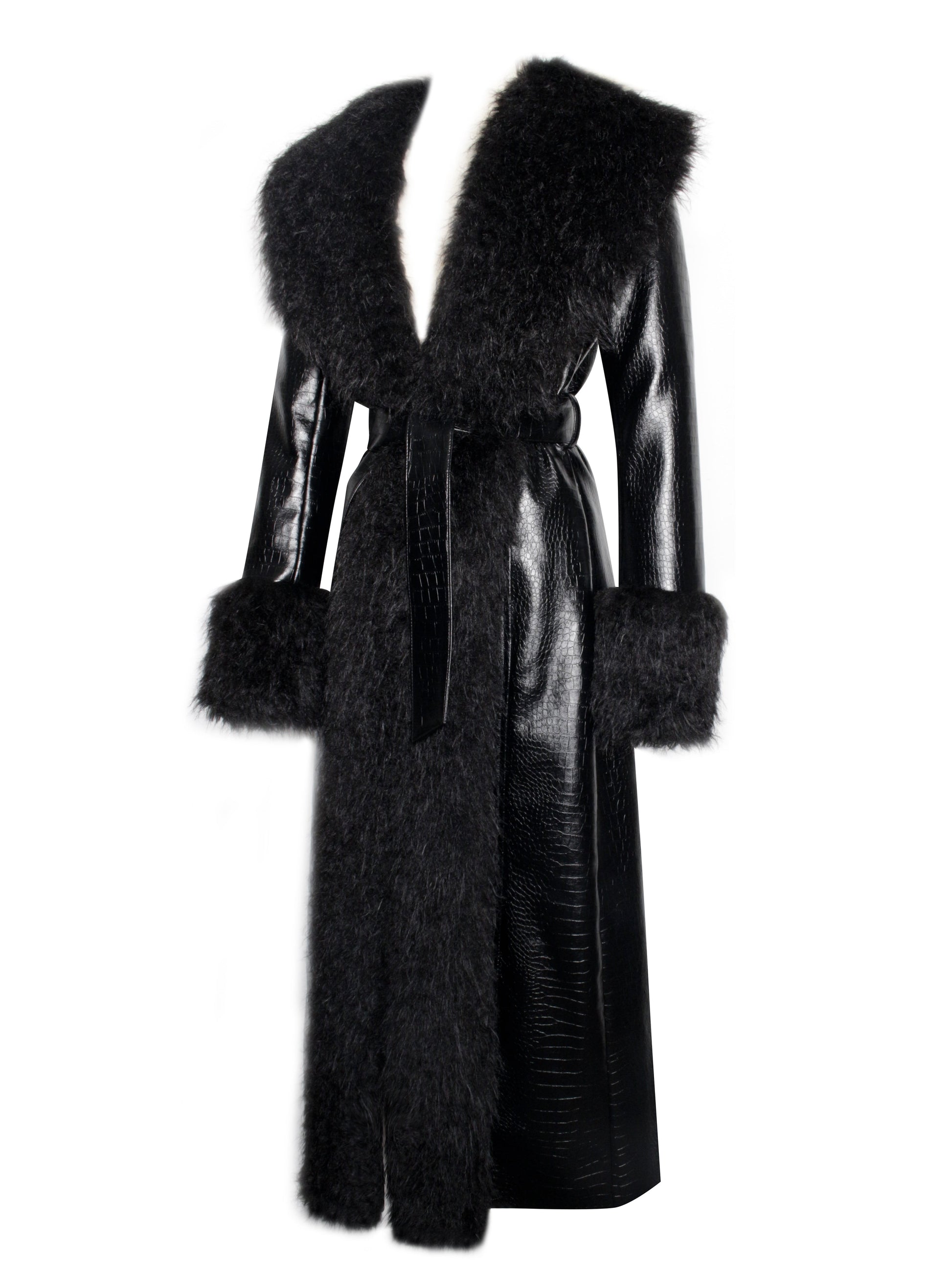 Zella Black Fur Vegan Croc Leather Coat