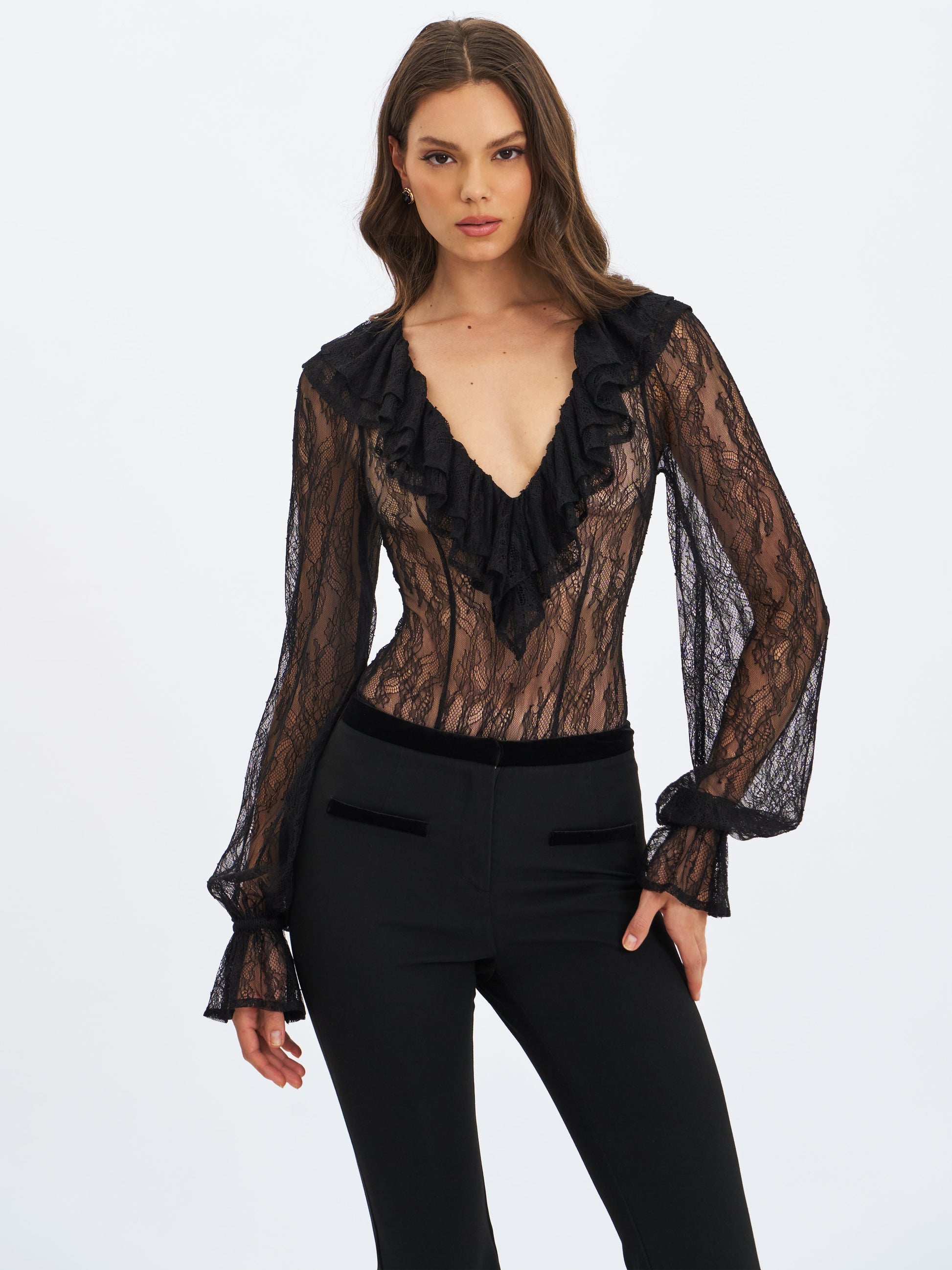 Taliah Black Sheer Lace Ruffled Collar Bodysuit