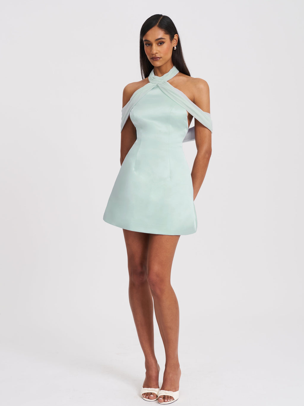 Zafrina Light Cyan Halter Off-shoulder Backless Mini Dress - HOUSE OF SHE