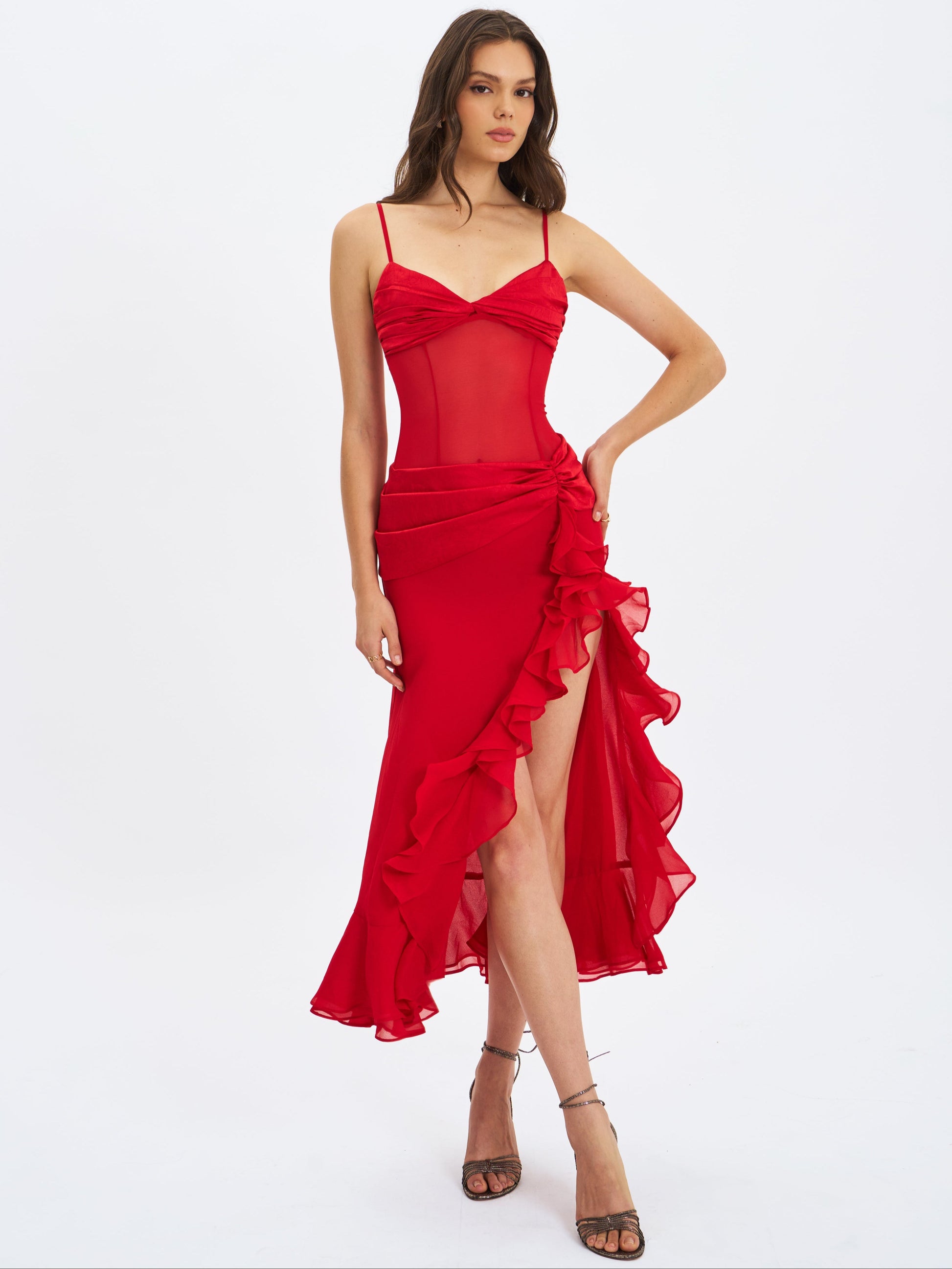 Dahlina Red Ruched Waist High Slit Maxi Dress