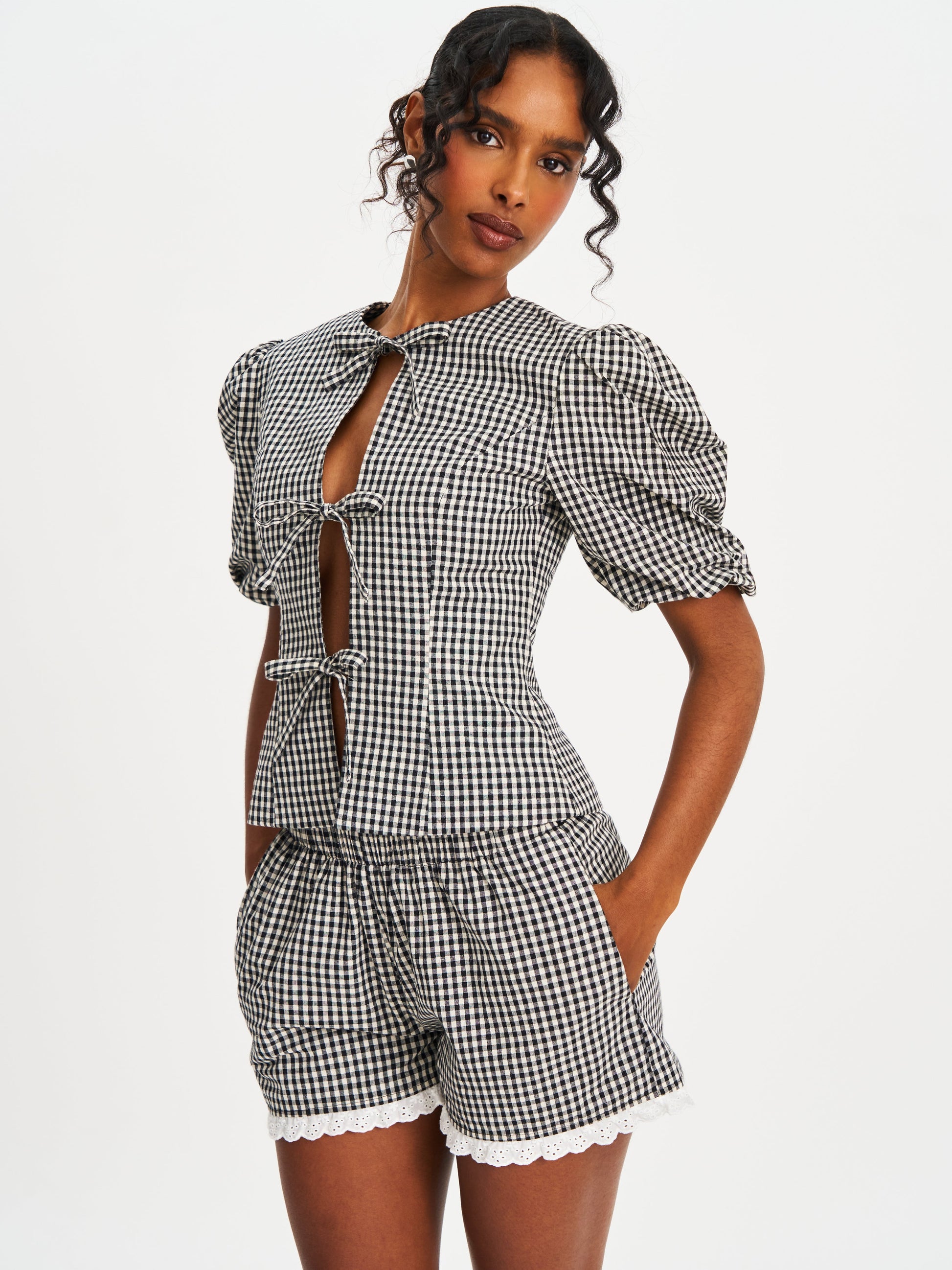 Qusayla Black Gingham Bubble Sleeve Bowtie Top - HOUSE OF SHE