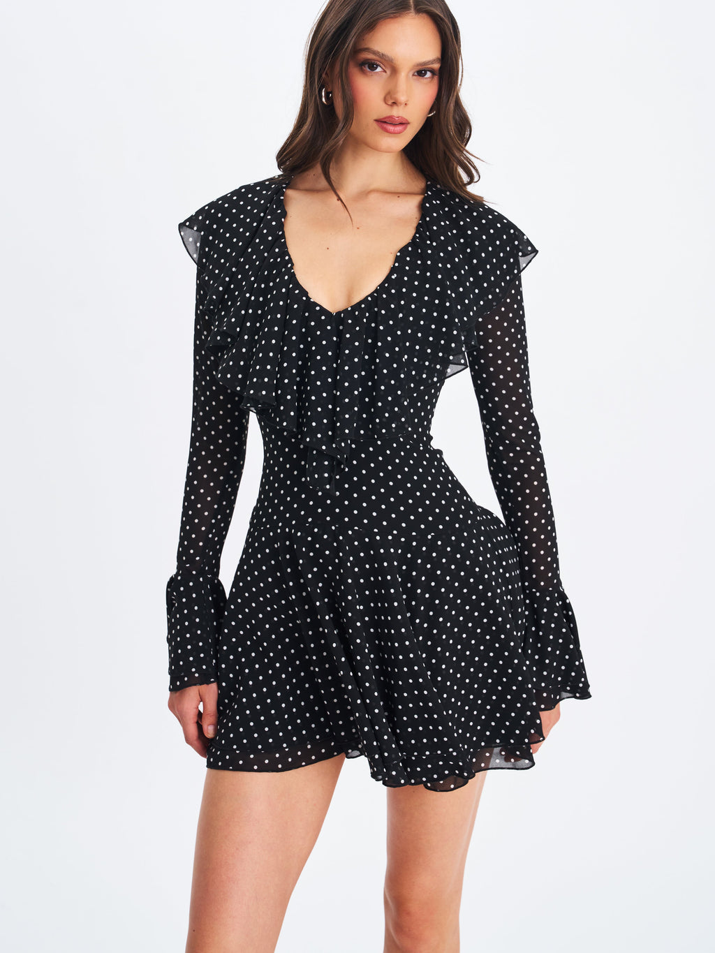 Omari Black Chiffon Polka Dot Ruffled Neckline Mini Dress