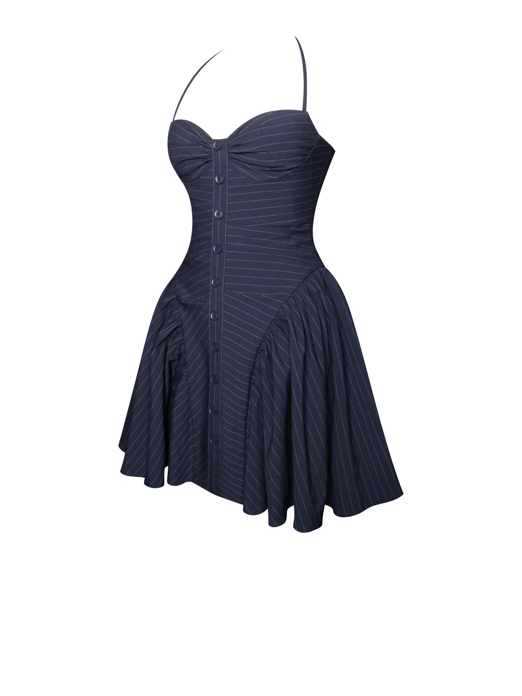 Melody Navy Blue Pinstripe Halter Drop Waist Mini Dress - HOUSE OF SHE