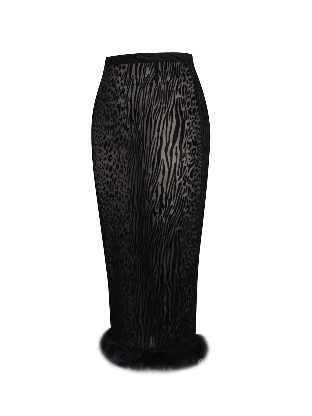 Halia Black Animal Print Burnout Velvet Fur Trim Skirt - HOUSE OF SHE