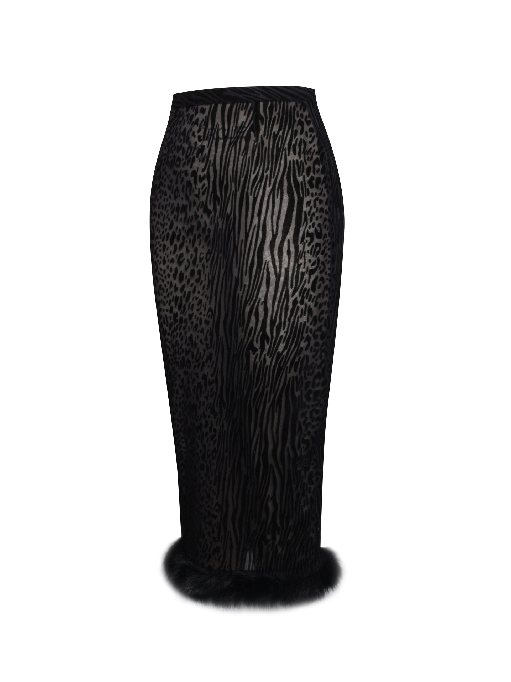 Halia Black Animal Print Burnout Velvet Fur Trim Skirt - HOUSE OF SHE