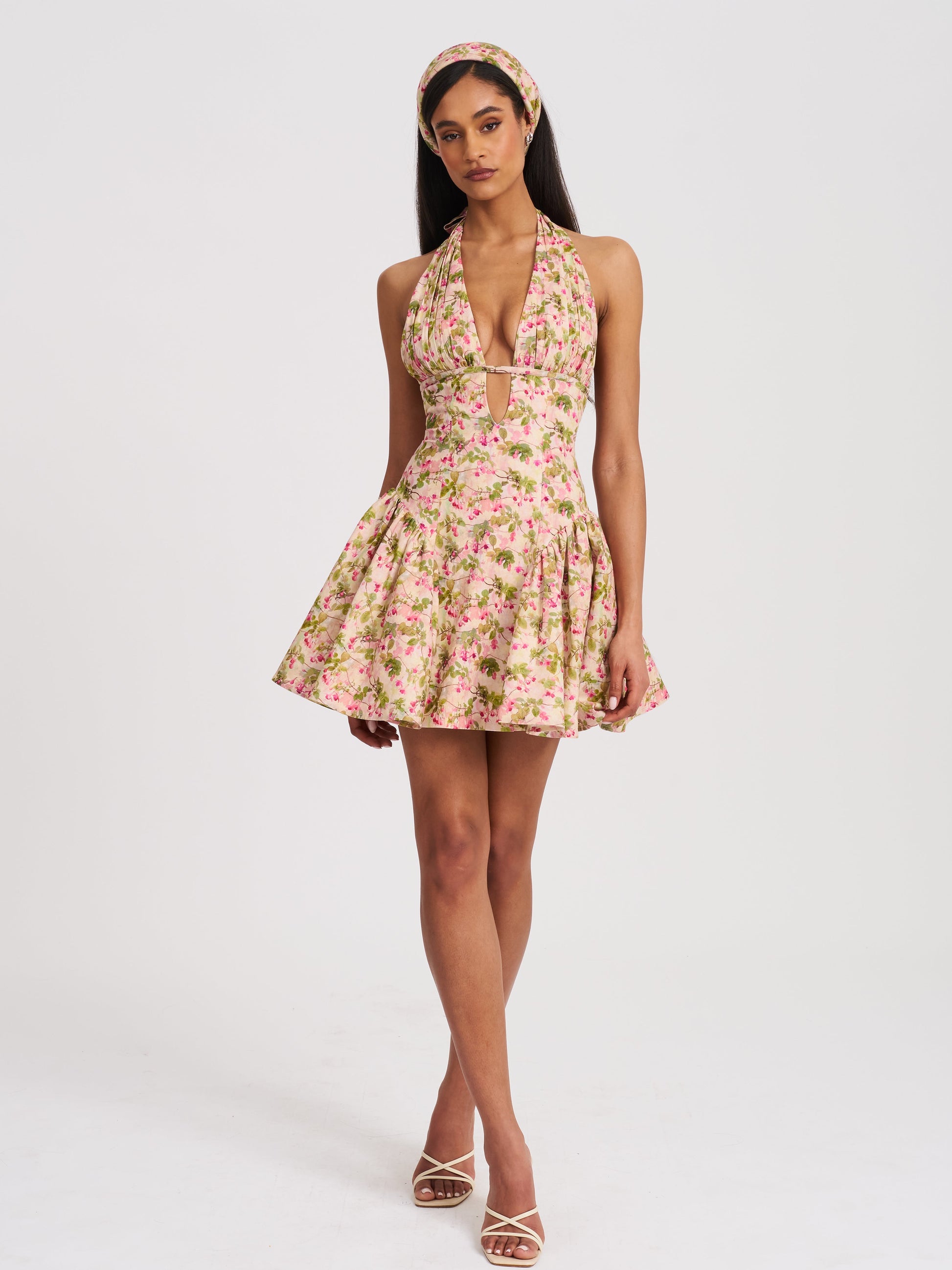 Mackenzie Green and Pink Floral Print Halter Linen Mini Dress