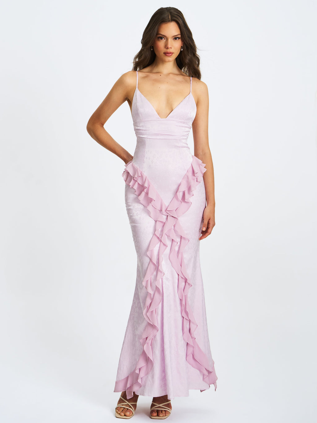 Paolina Taro Pink Jacquard Ruffle Mermaid Maxi Dress