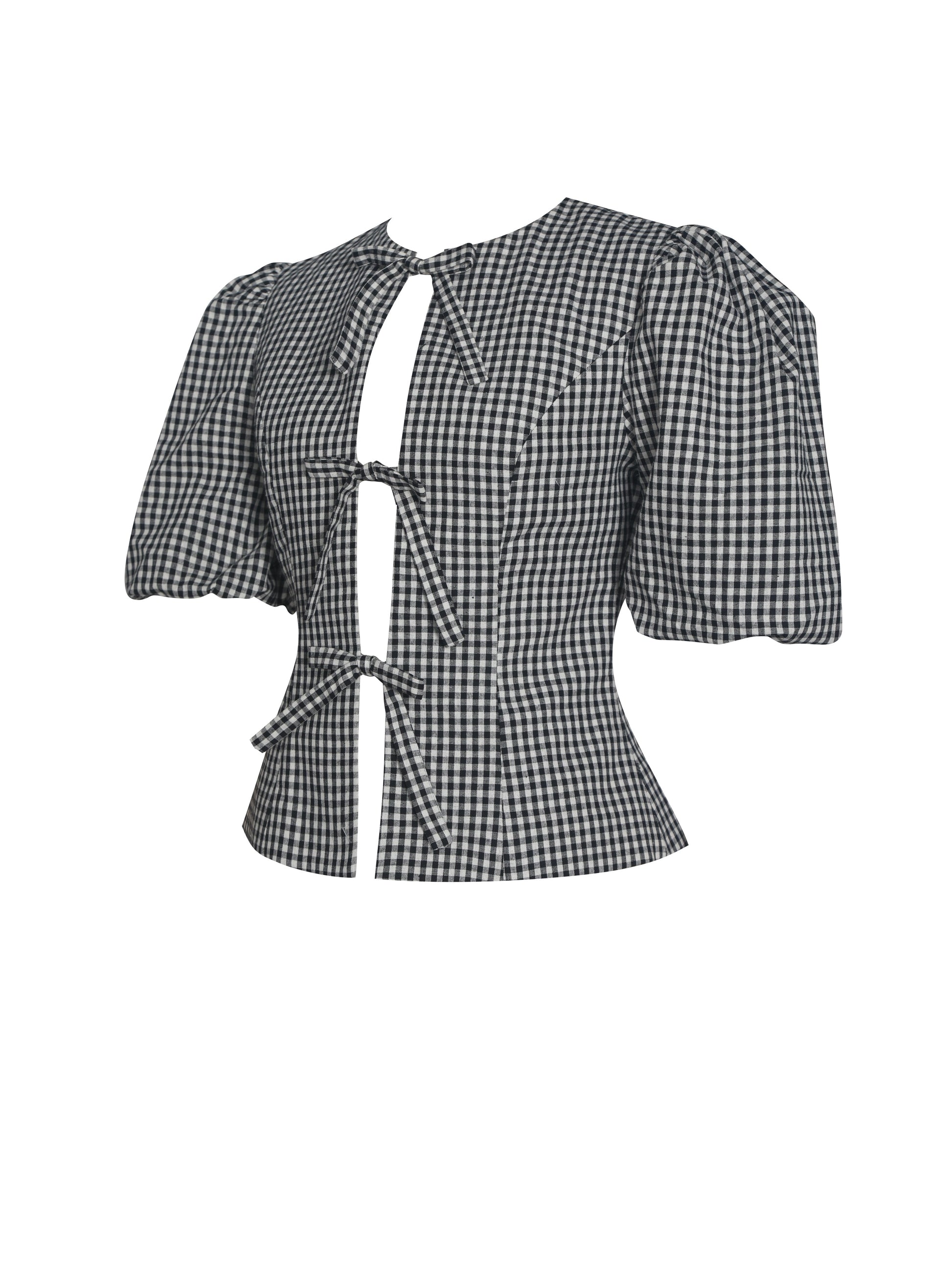 Qusayla Black Gingham Bubble Sleeve Bowtie Top - HOUSE OF SHE