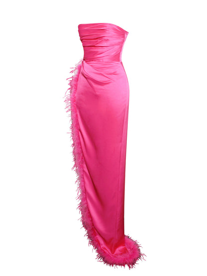 Rin Fuchsia Pink Feather Dress High Slit Gown