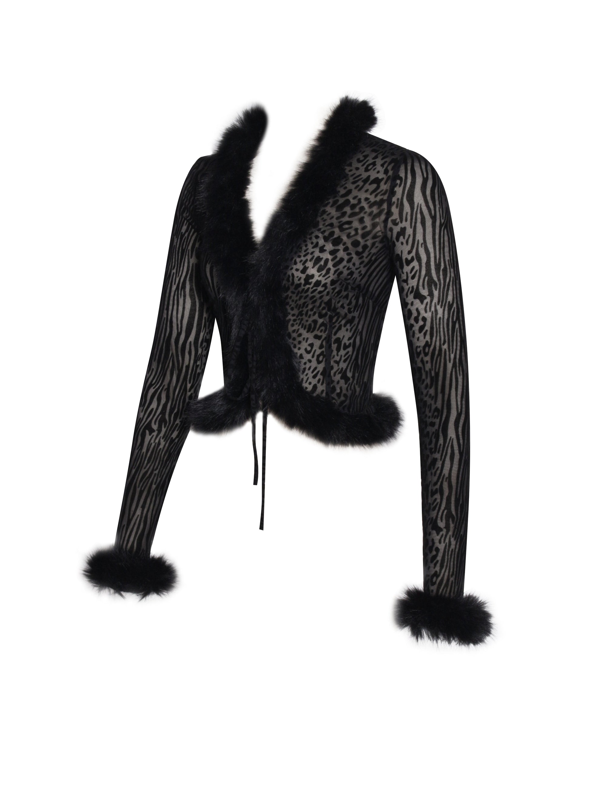 Hali Black Animal Print Burnout Velvet Fur Trim Top - HOUSE OF SHE