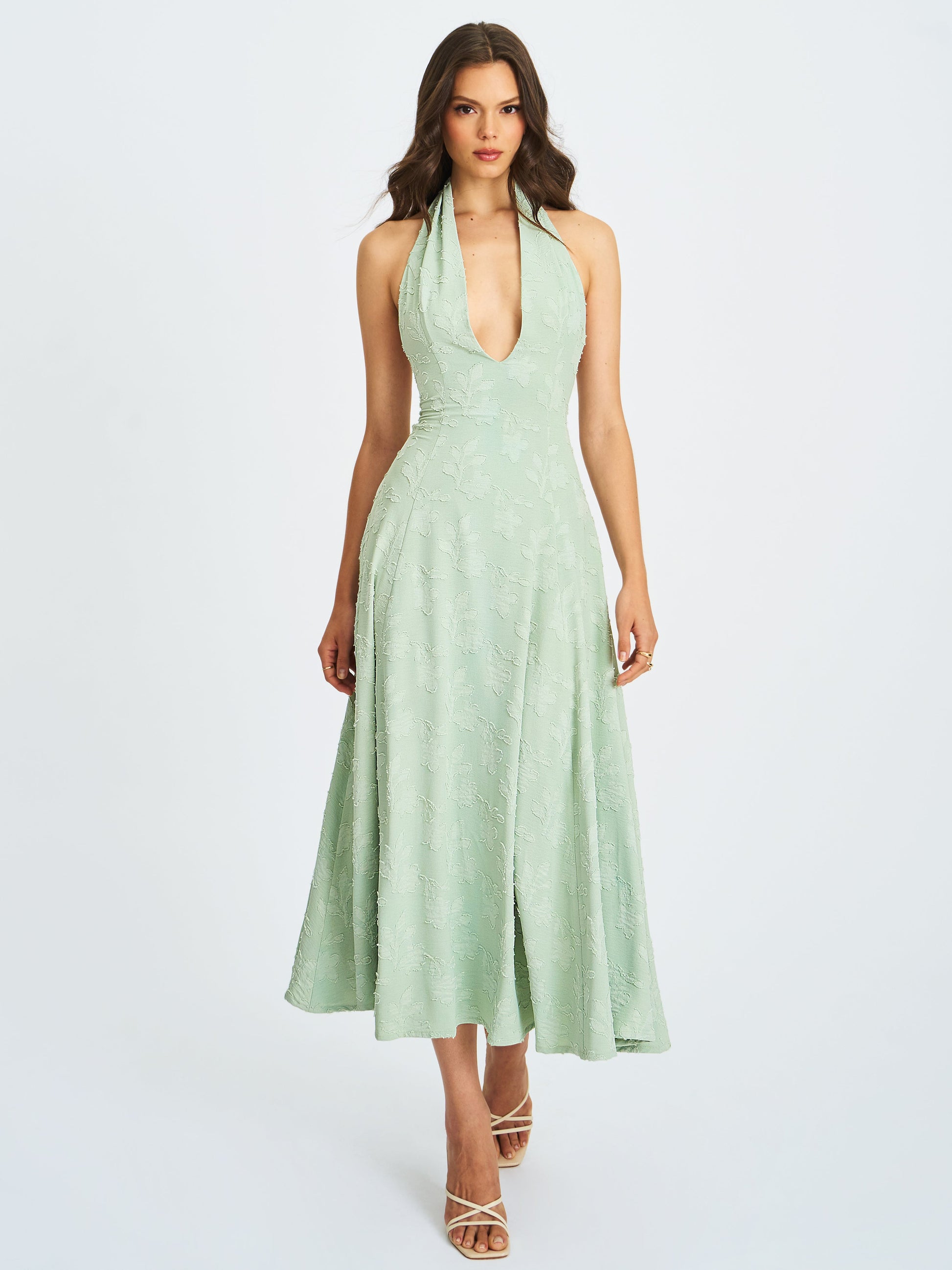 Magda Mint Green Deep V Neck Halter A-line Midi Dress - HOUSE OF SHE
