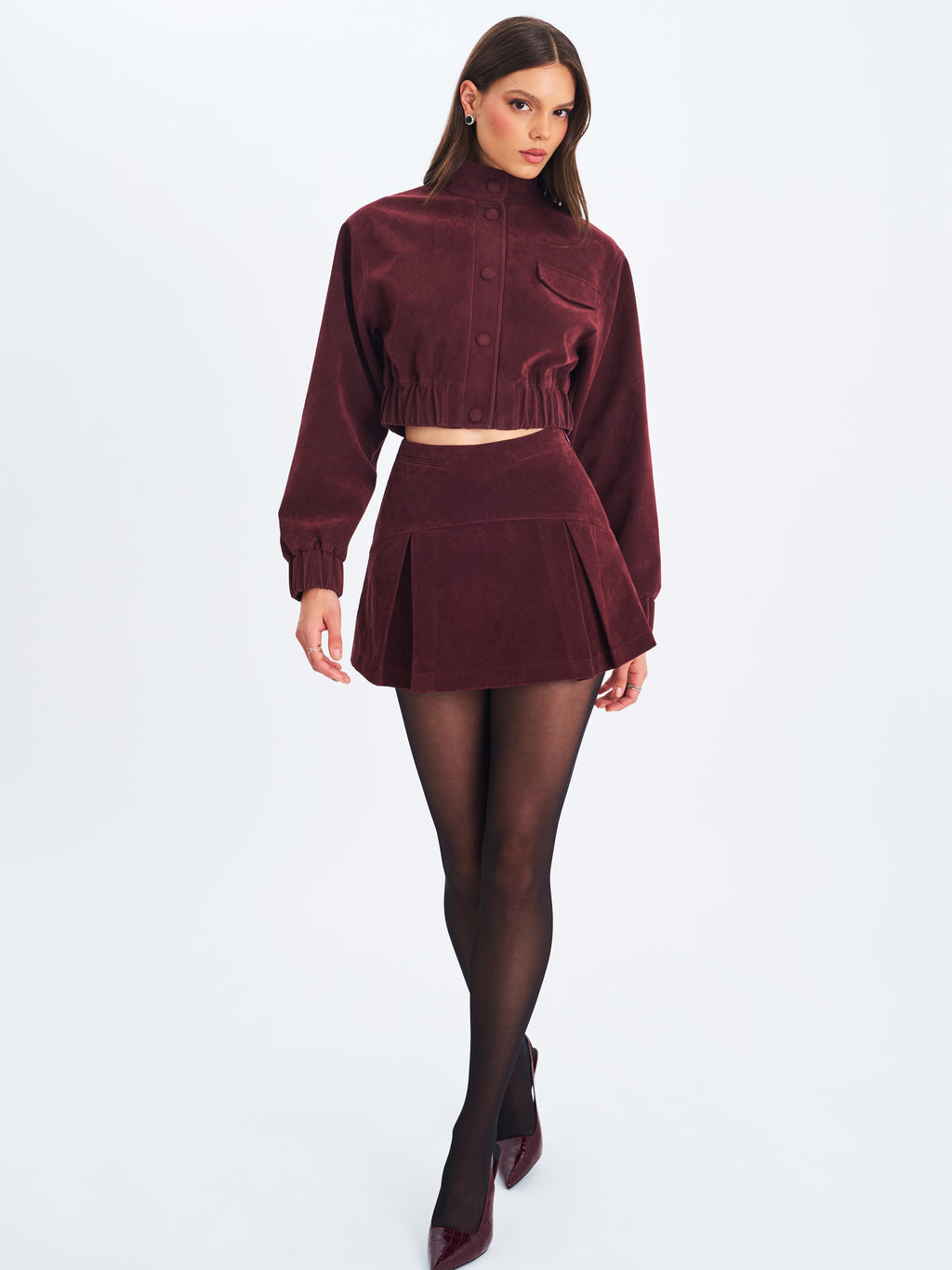 Farryn Mahogany Vegan Suede Cropped Bomber Jacket