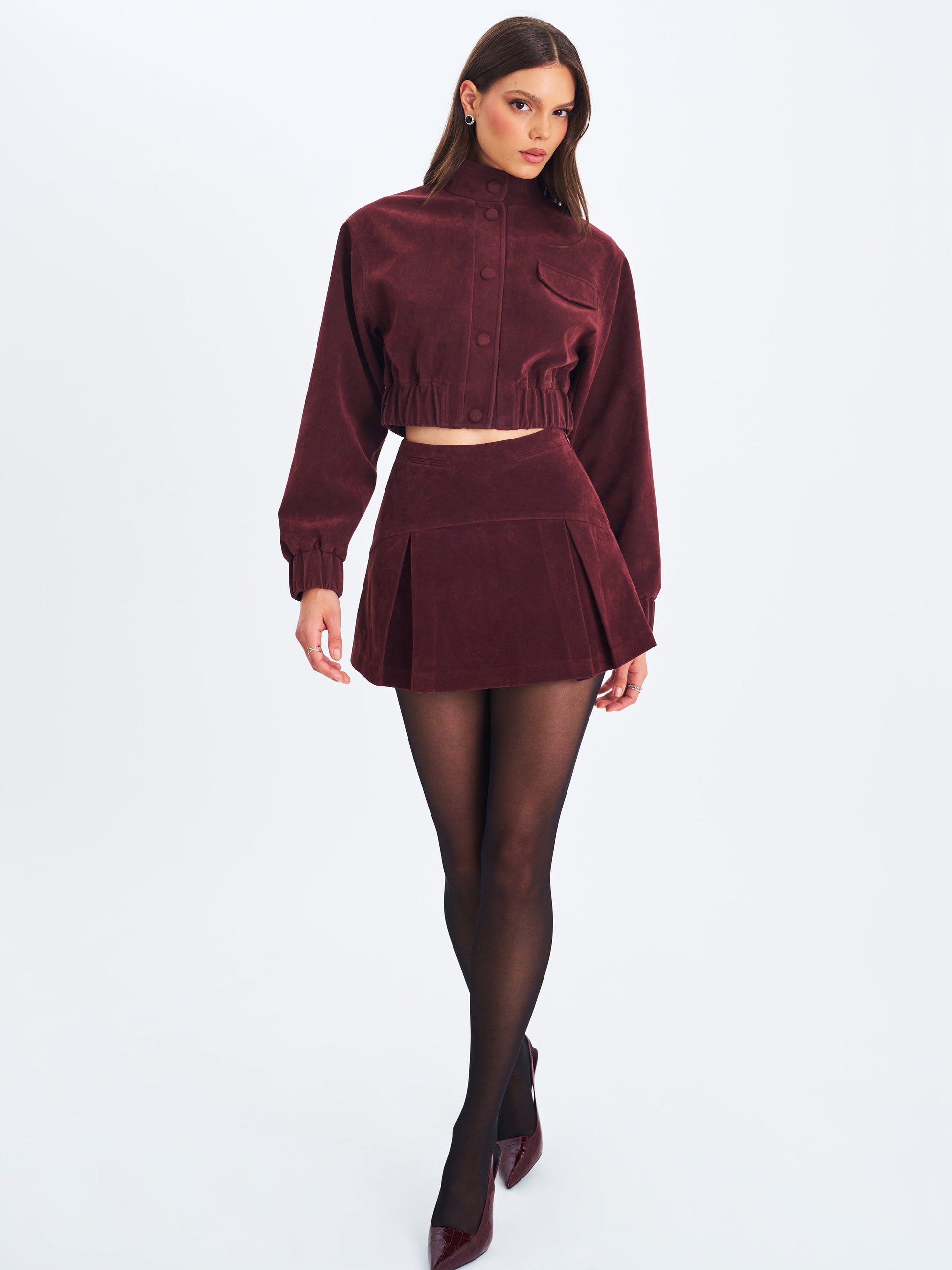 Farryn Mahogany Vegan Suede Cropped Bomber Jacket