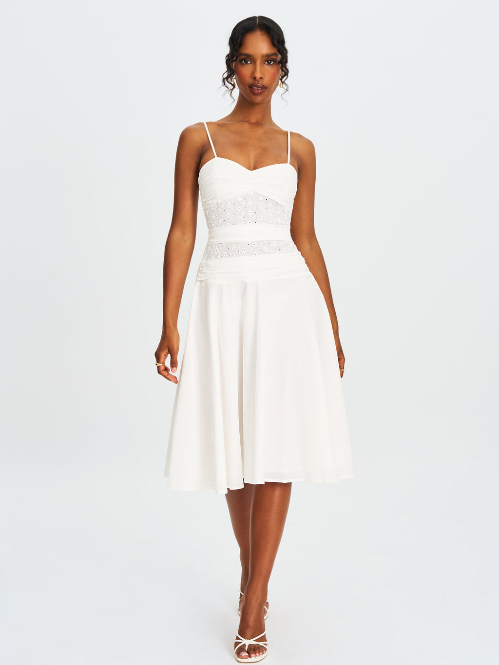 Maelis White Eyelet Drop Waist Cotton Midi Dress - HOUSE OF SHE