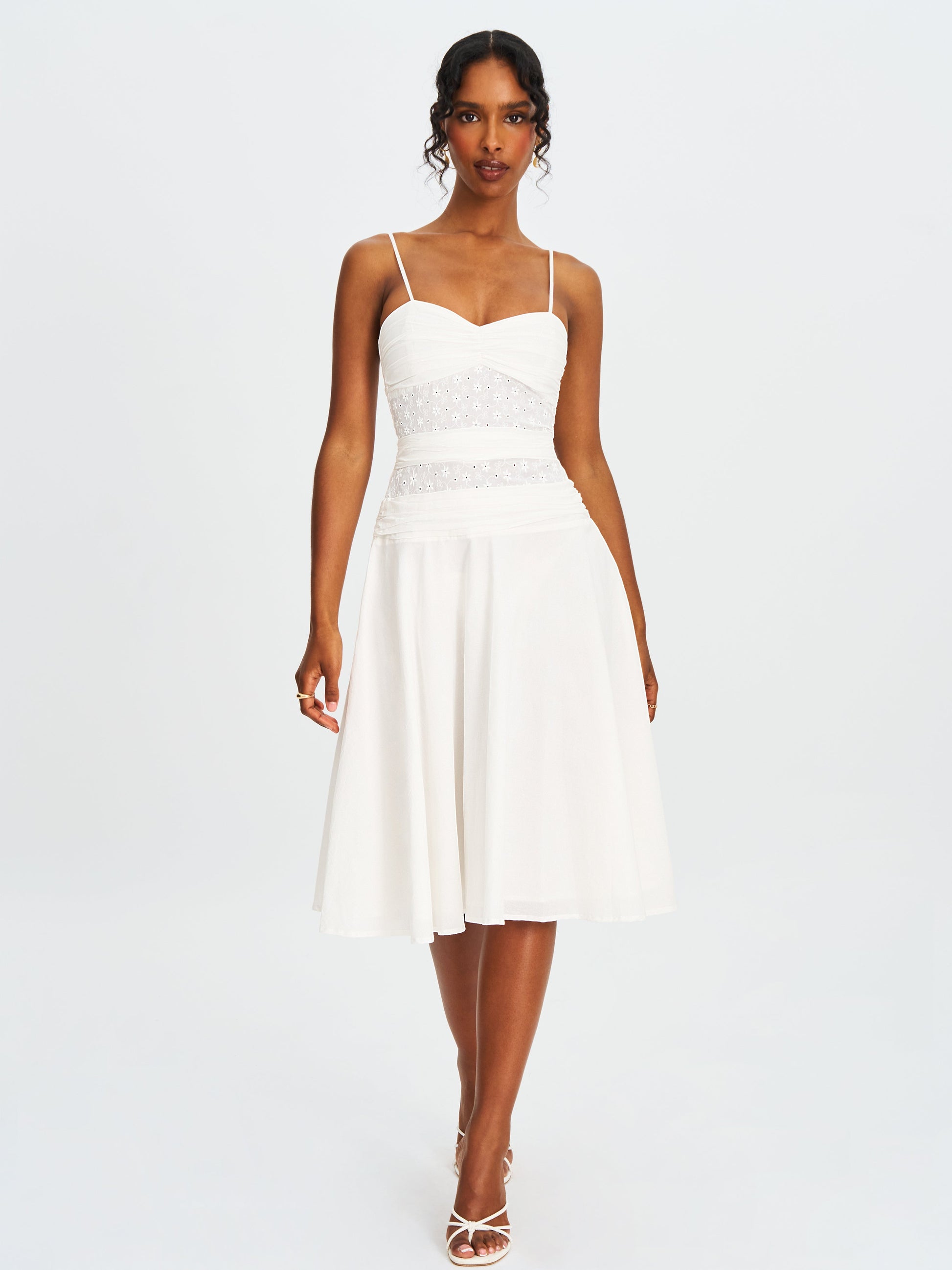 Maelis White Eyelet Drop Waist Cotton Midi Dress - HOUSE OF SHE