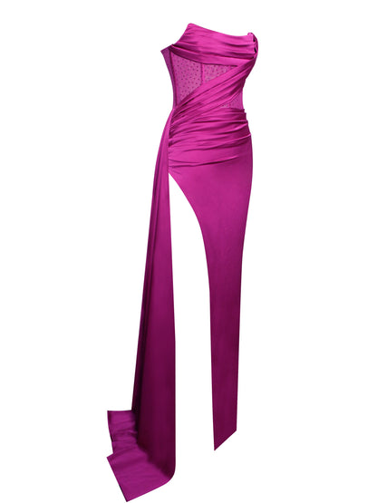 Holly Fuchsia Corset High Slit Satin Gown