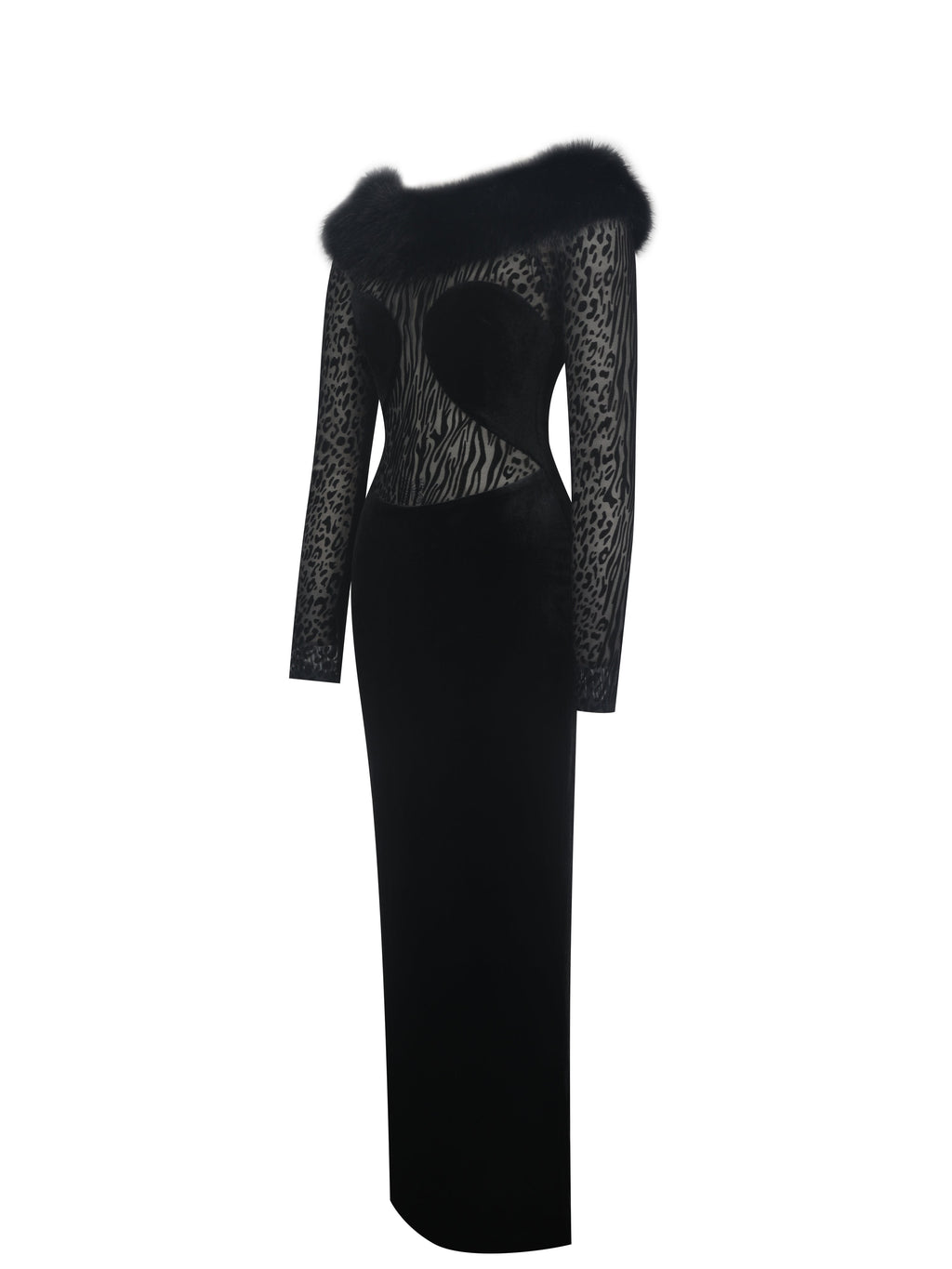 Alexis Black Animal Print Fur Boatneck Maxi Dress