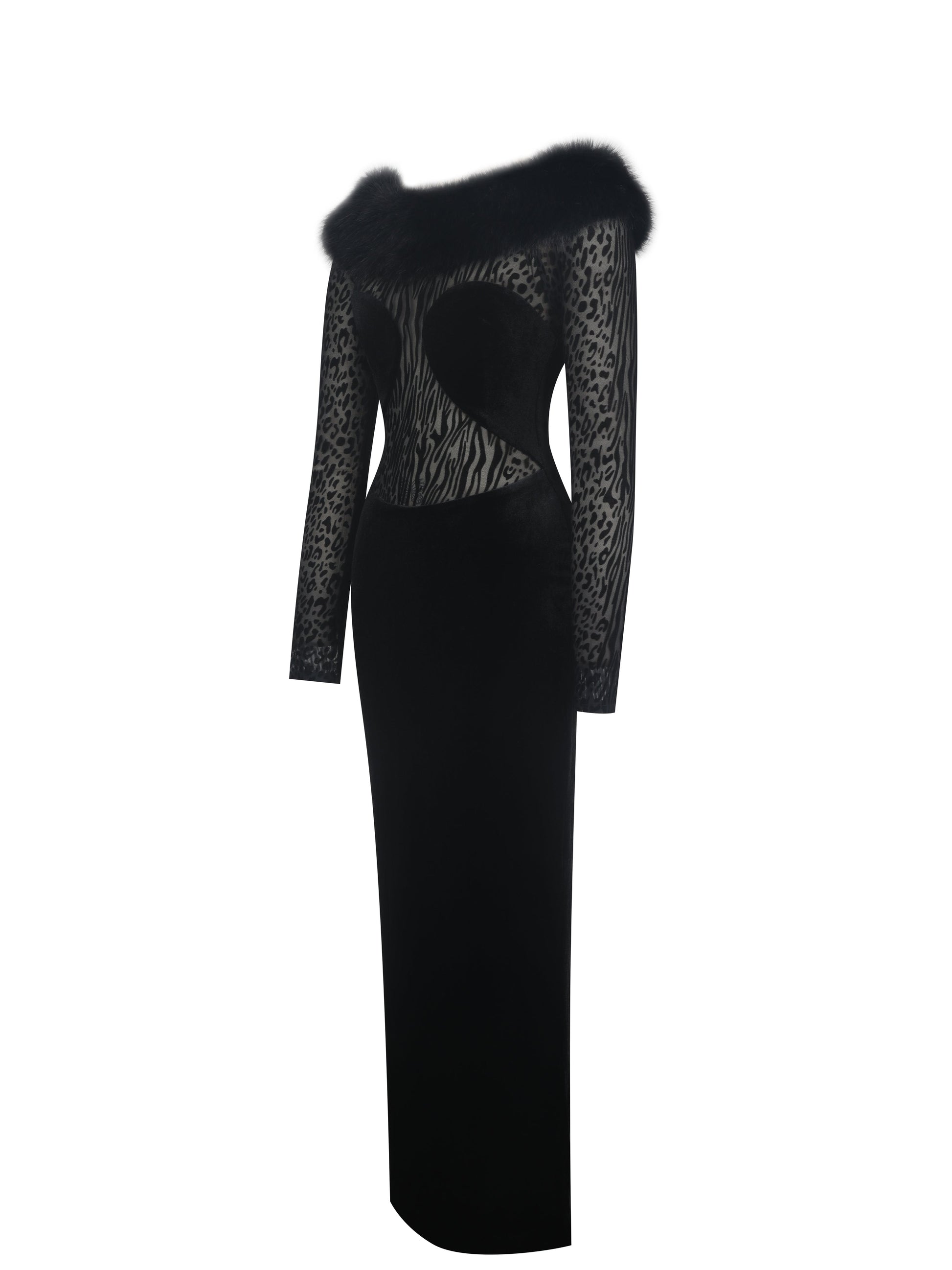 Alexis Black Animal Print Fur Boatneck Maxi Dress