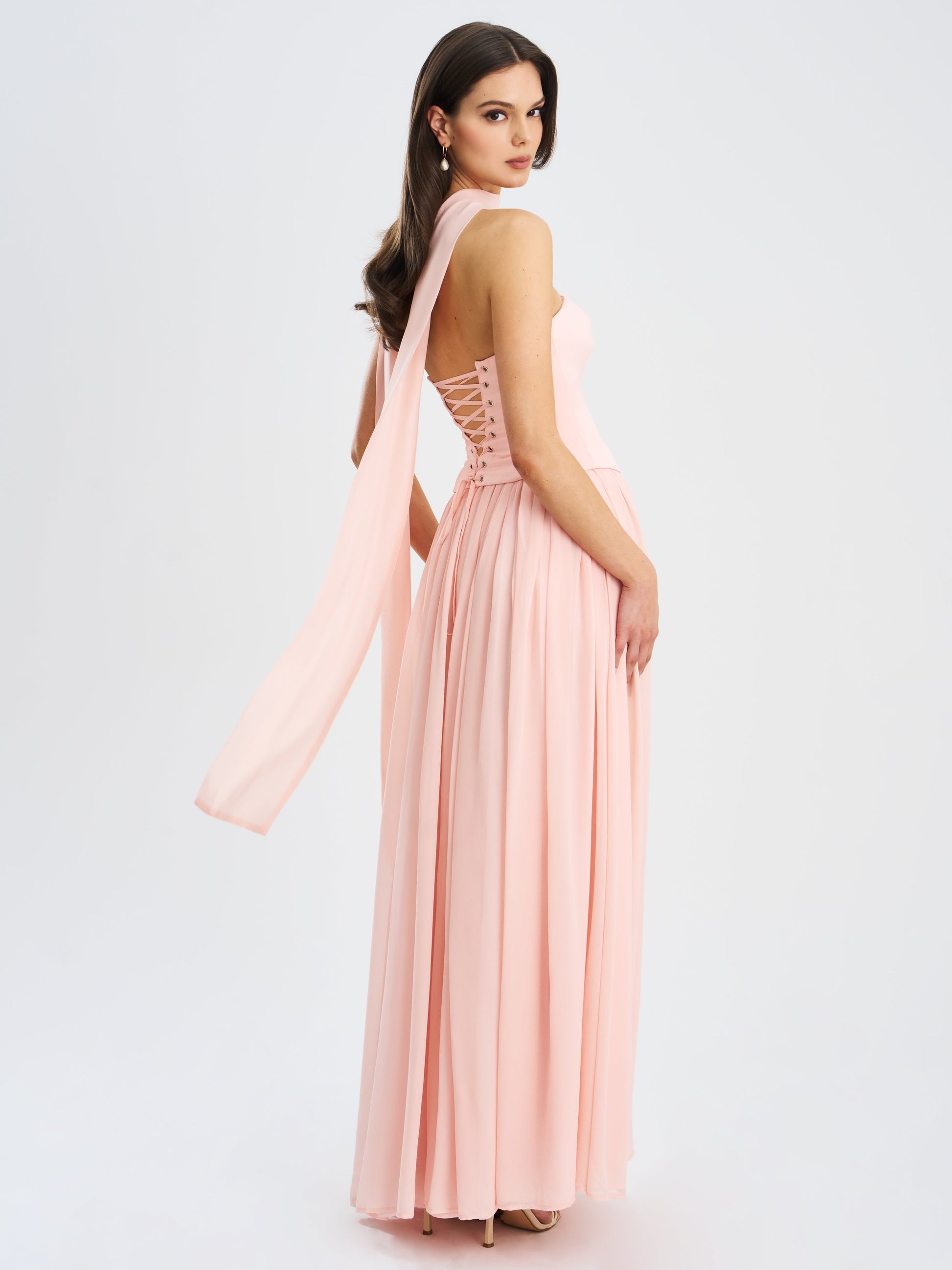 Qianna Baby Pink Peplum Drop Waist Chiffon Gown