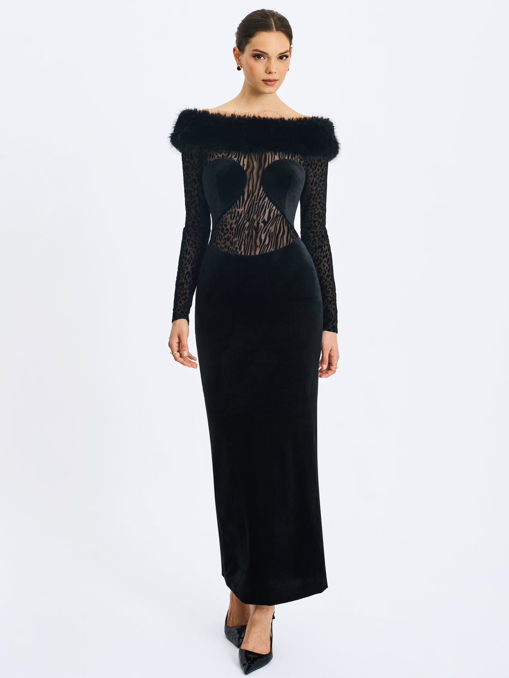 Alexis Black Animal Print Fur Boatneck Maxi Dress