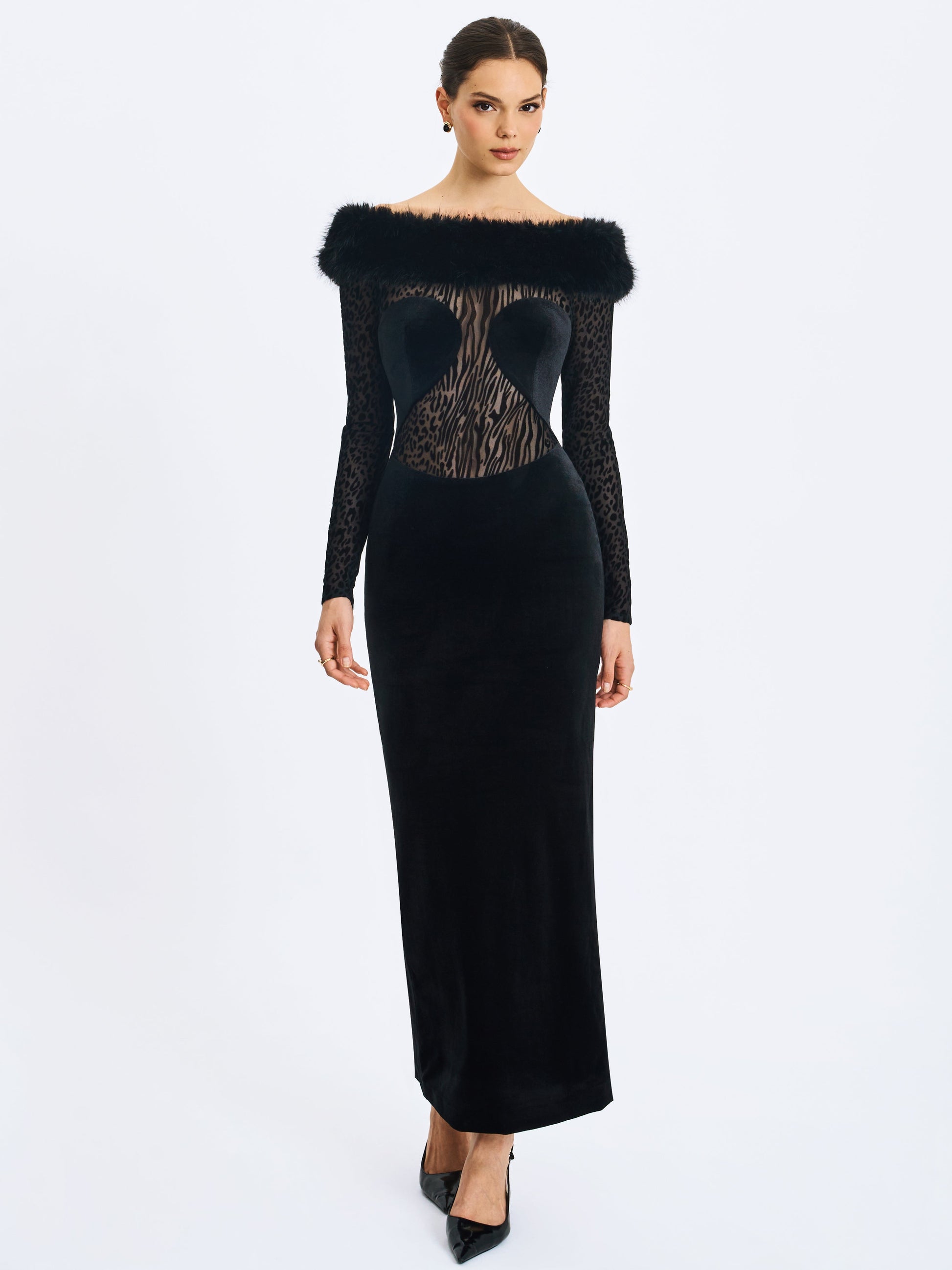 Alexis Black Animal Print Fur Boatneck Maxi Dress