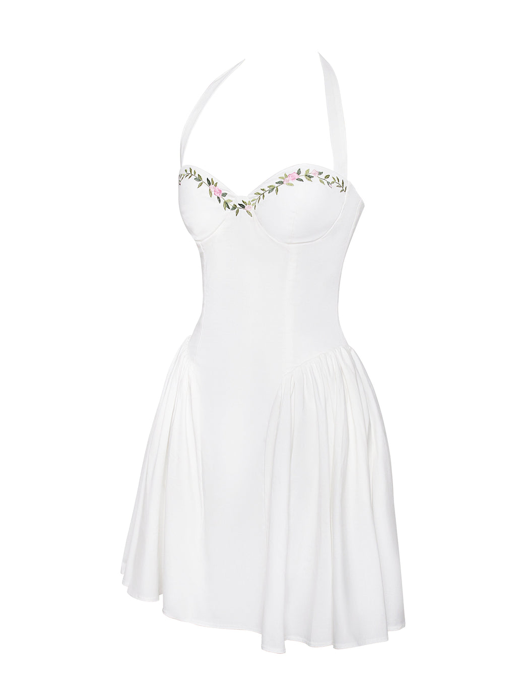 Nina White Embroidered Halter Mini Dress - HOUSE OF SHE