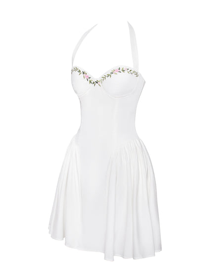 Nina White Embroidered Halter Mini Dress