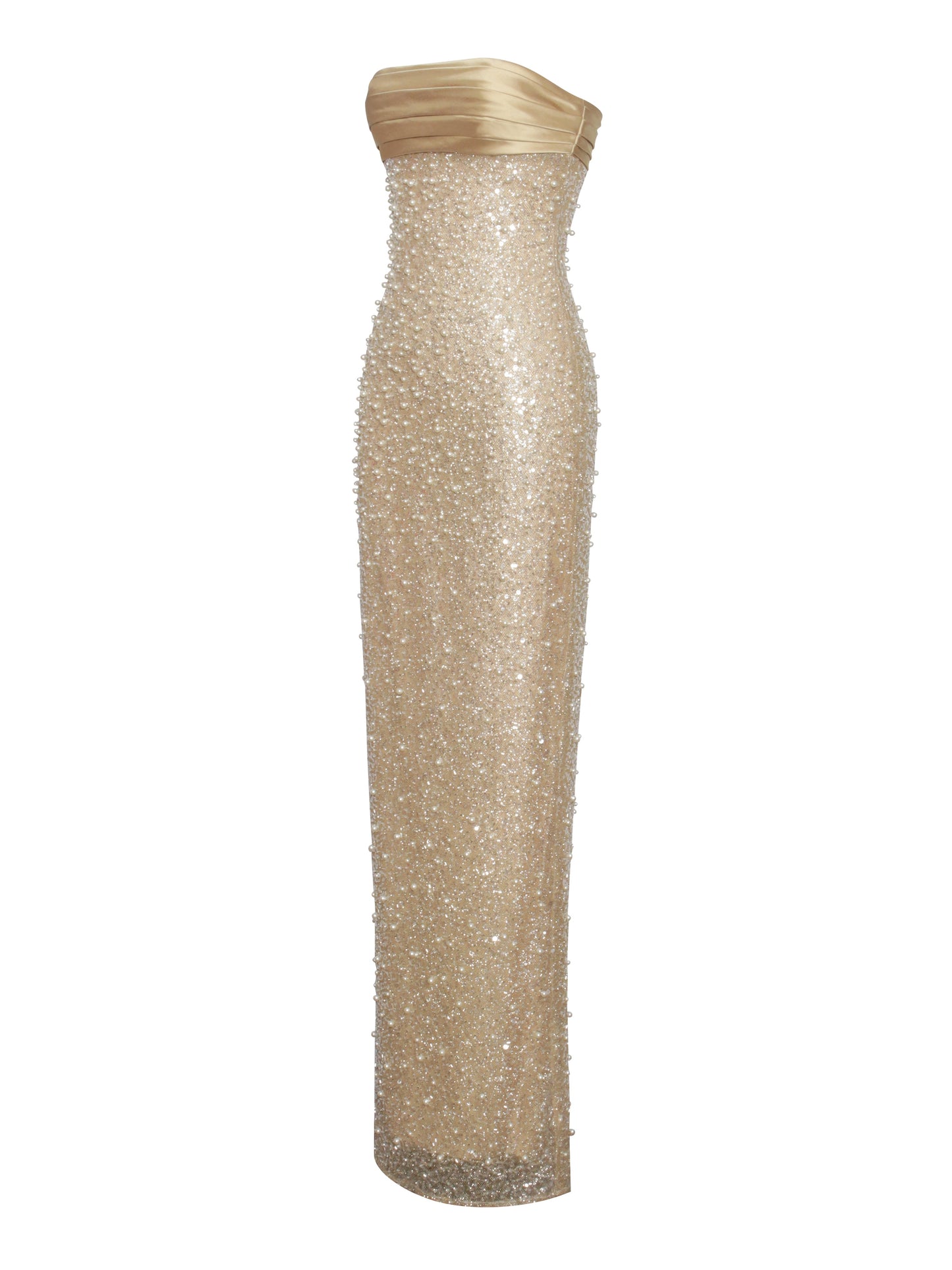 Lainey Gold Satin Sequin Pearls Beaded Maxi Dress