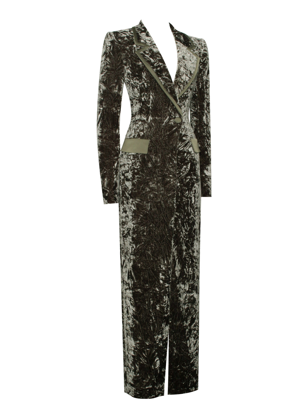 Willow Green Glossy Velvet High Slit Blazer Gown - HOUSE OF SHE